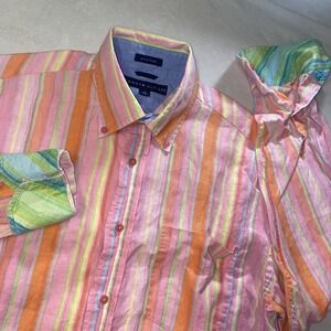 VTG Y2K Tommy Hilfiger Linen Button Down Shirt Mens L-XL Pink Striped 90s Preppy